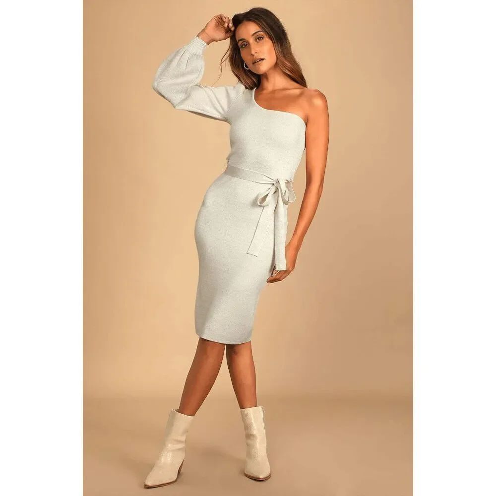 NWT Lulus Cozy Glam Ivory Metallic One-Shoulder Sweater Dress Women's XS